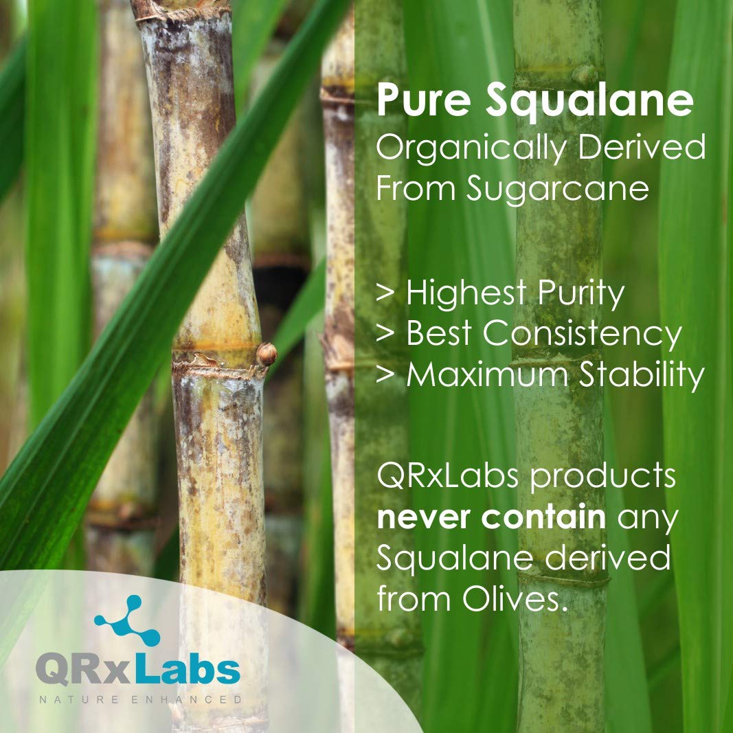 QRxLabs Pure Plant-Based Squalane Oil with Vitamin E (2 oz) - Organic ECOCERT/USDA Certified Squalane from Sugarcane - Moisturizer for Face, Body, Skin & Hair